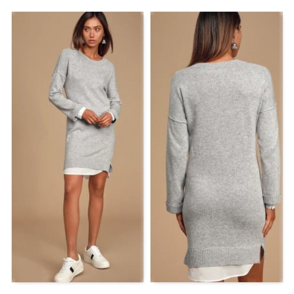 Two Fer Heather Grey Layered Shirt Sweater Dress